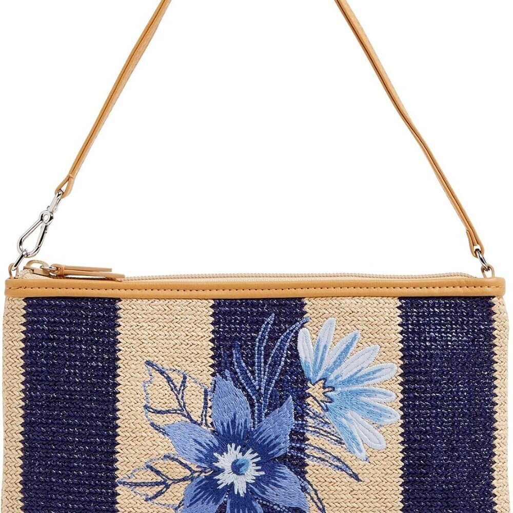 Women's Straw Wristlet RFID Protection Navy Stripe Summer Travel Purse